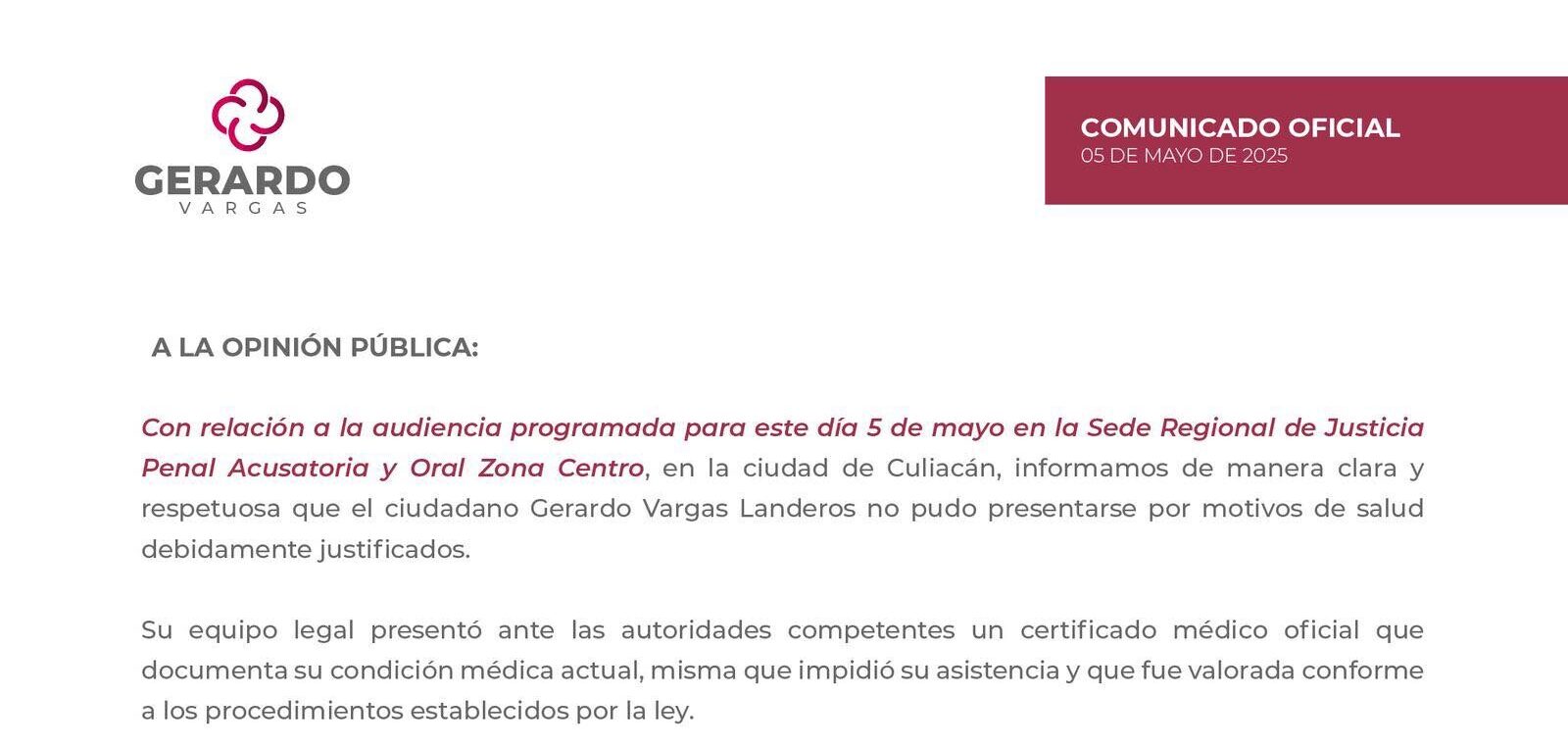 GVL emite comunicado: Por motivos de salud no asiste a audiencia