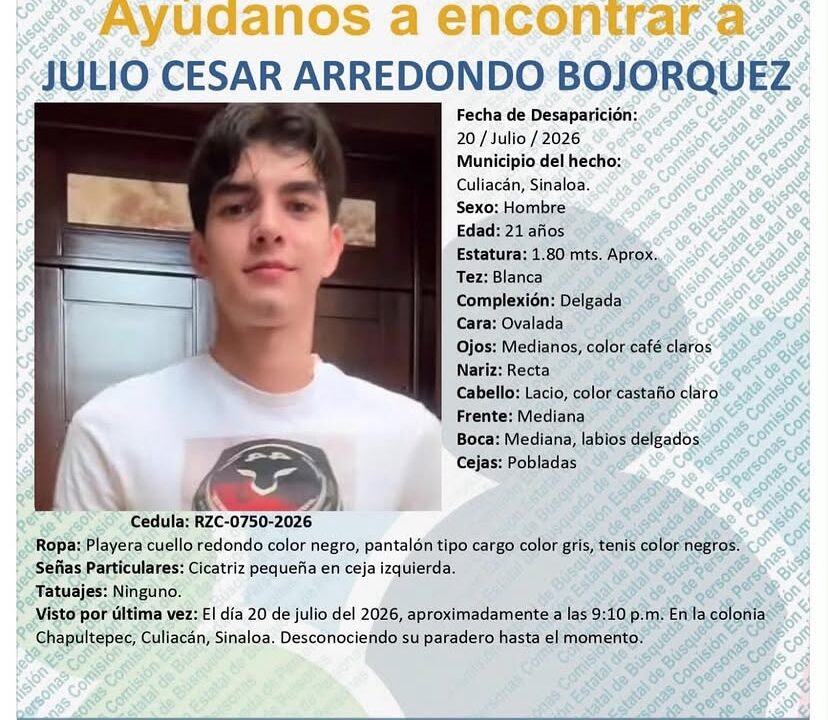 Solicitan apoyo para localizar a Julio César Arredondo Bojórquez, desaparecido en Culiacán