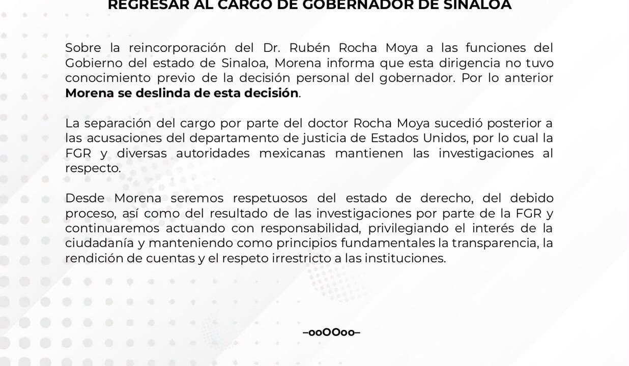 Morena se deslinda de reincorporación de Rubén Rocha Moya