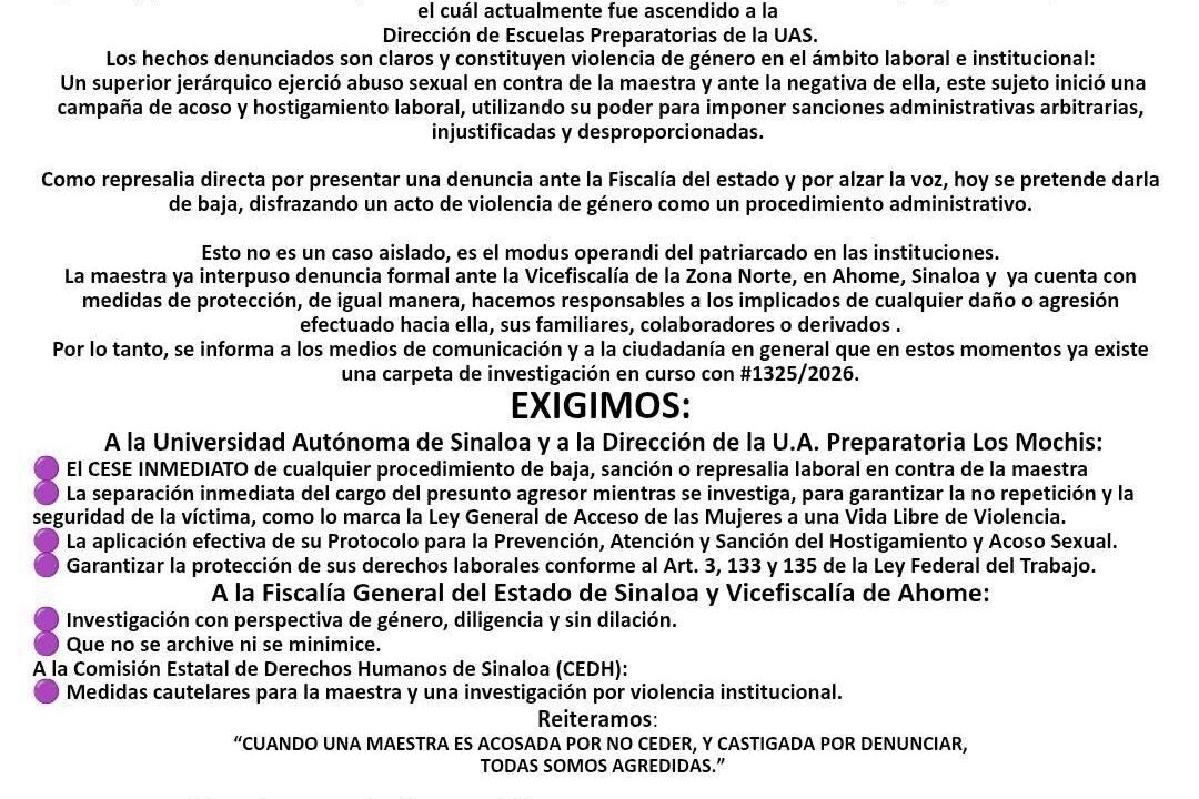 Colectivos Feministas de Ahome exigen alto al acoso de docentes